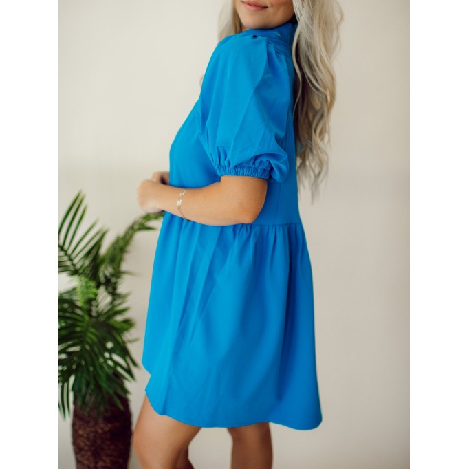 Blue Button Bubble Sleeve Shirt Dress