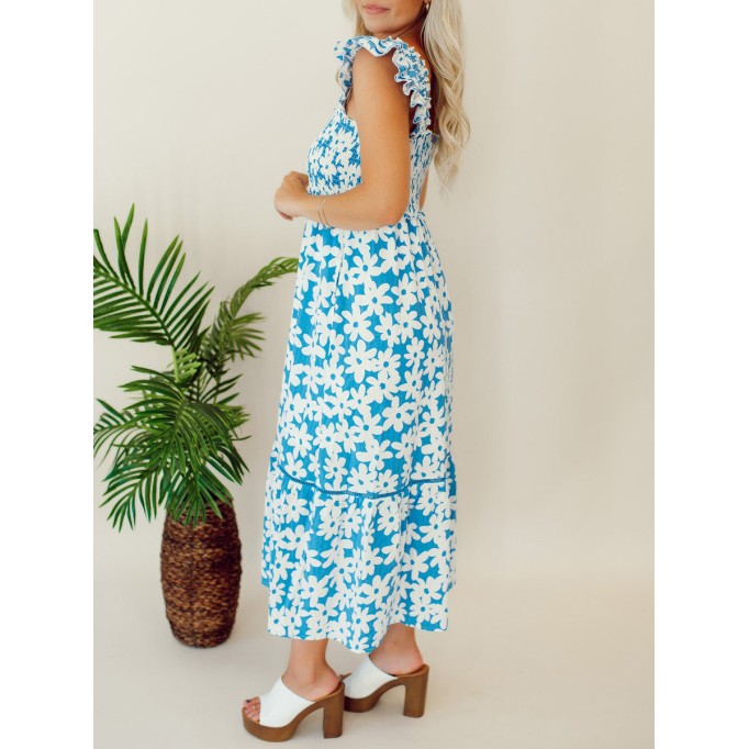 Blue floral pleated mid length dress