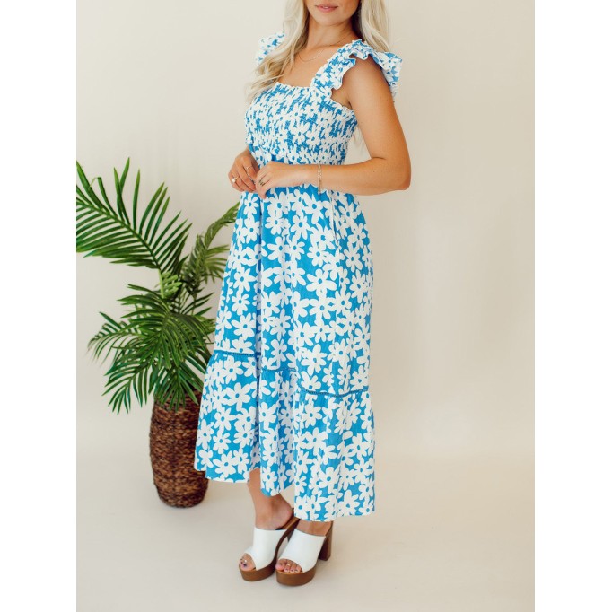 Blue floral pleated mid length dress