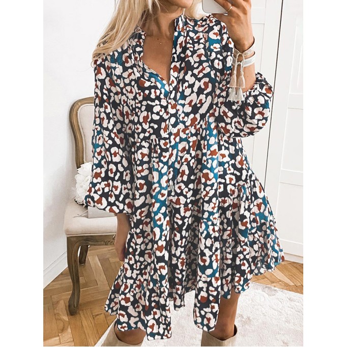 Blue Leopard Print Bubble Sleeve Ruffled Shirt Dress