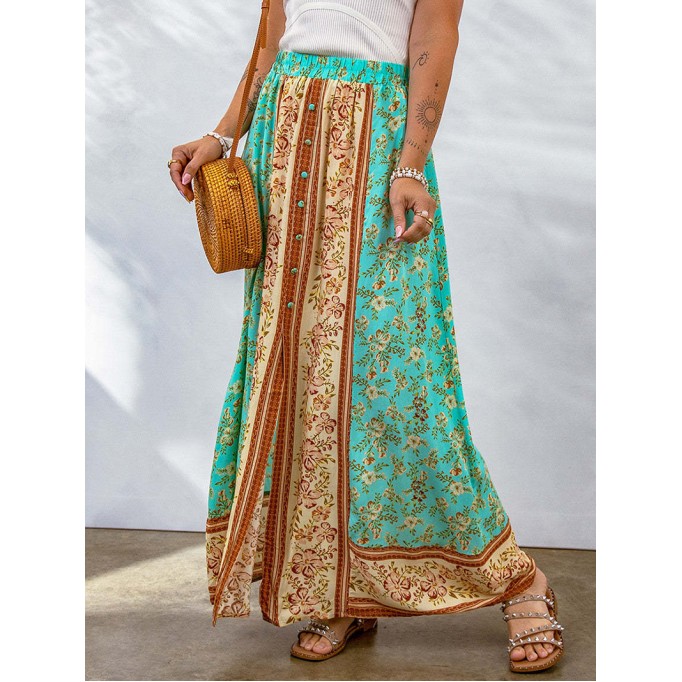 BOHO CONTRAST COLOR FLORAL PRINT BUTTON SLIT MAXI SKIRT