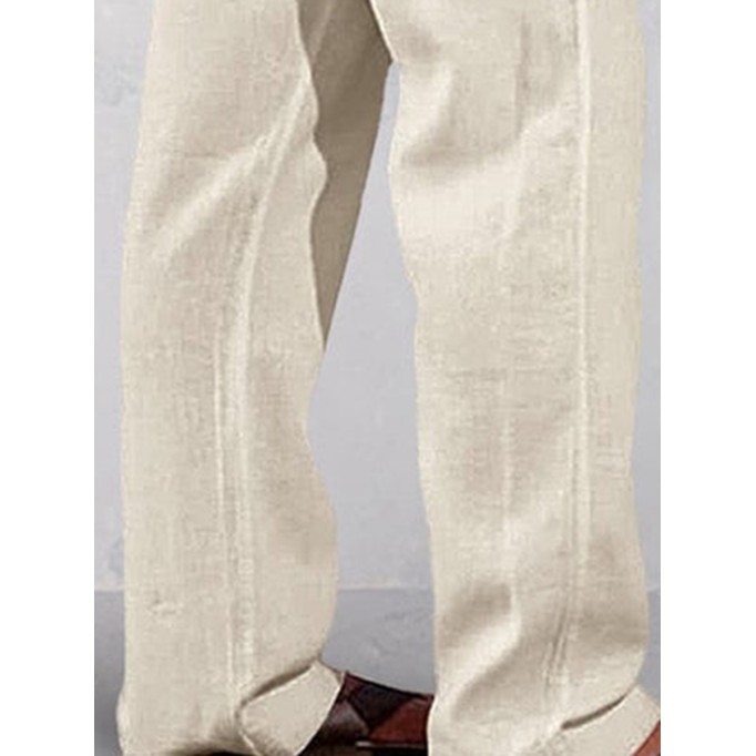 Casual solid color elastic waist cotton and linen straight pants