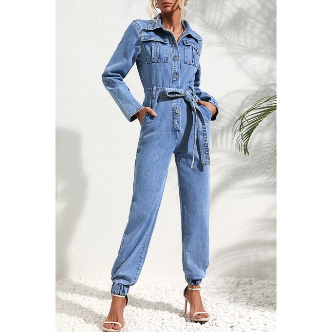 Casual Street Solid Bandage Pocket Turndown Collar Long Sleeve Regular Denim Jumpsuits