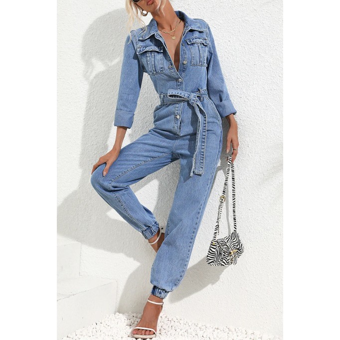 Casual Street Solid Bandage Pocket Turndown Collar Long Sleeve Regular Denim Jumpsuits