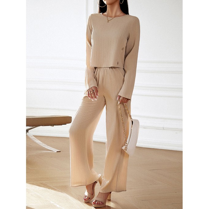 Decorative buckle pleated top wide leg pants two-piece set