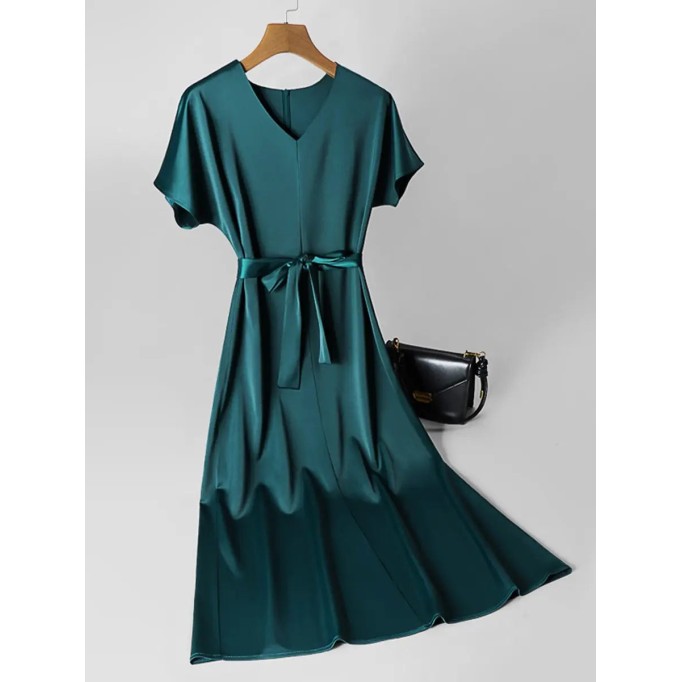 Elegant simple satin V-neck dress for women