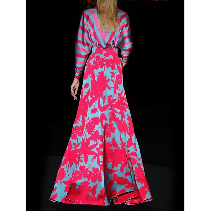 Floral Print Deep V-Neck Long Sleeve Floor Length Dress