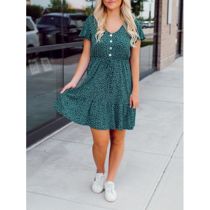 Green Flower Pattern Button Dress