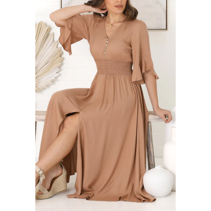 Khaki V-neck waist slimming lace-up dress