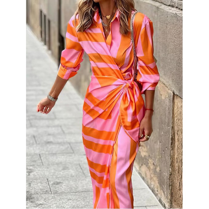 Women's Striped Print Belted Long Sleeve Dress