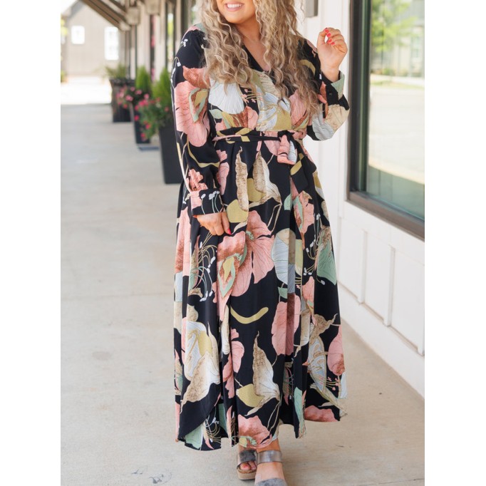 Large floral pattern printed loose fitting dress