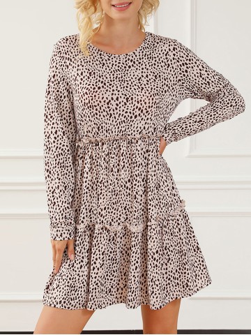 Leopard Animal Print Tiered Long Sleeve Dress