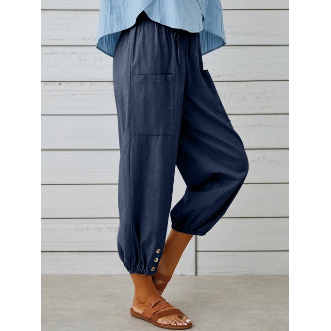 Loose-fitting high-waisted buttoned cotton and linen cropped pants