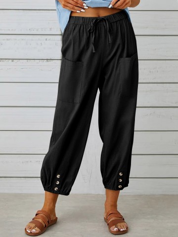 Loose-fitting high-waisted buttoned cotton and linen cropped pants