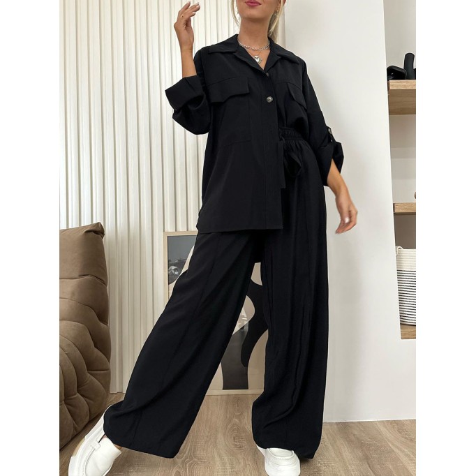 Loose fitting shirt jacket high waisted wide leg pants set