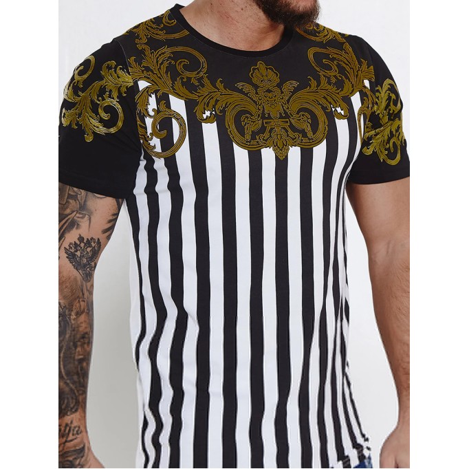 Men's casual striped patchwork pattern short sleeved T-shirt