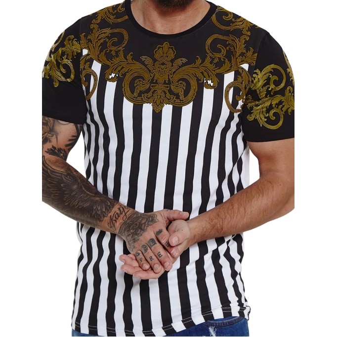 Men's casual striped patchwork pattern short sleeved T-shirt