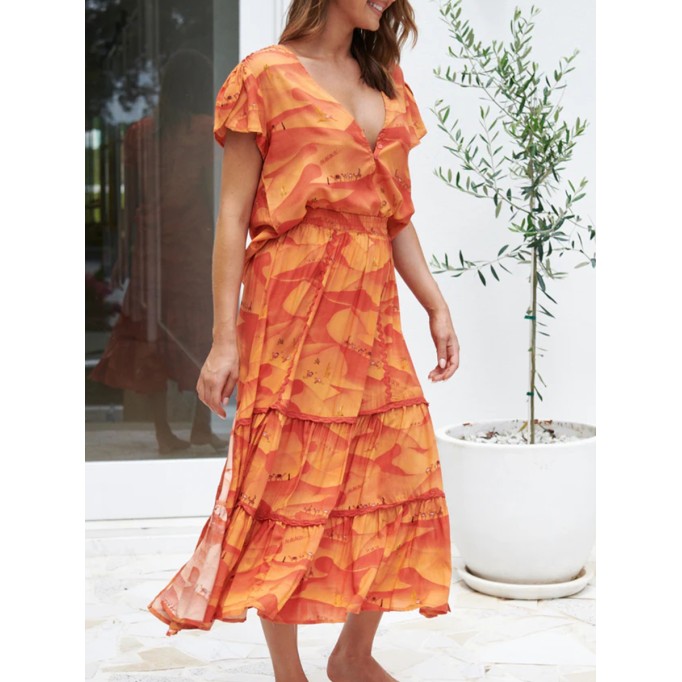 Orange V-neck cross neckline print waist dress