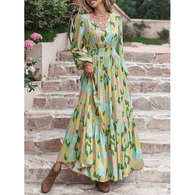 Printed Tie Neck Long Sleeve Maxi Dress