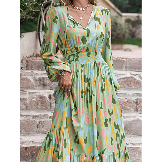 Printed Tie Neck Long Sleeve Maxi Dress