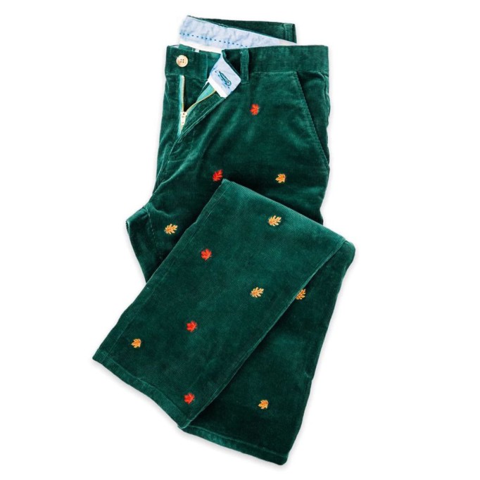 Retro Corduroy Maple Leaf Dark Green Casual Pants