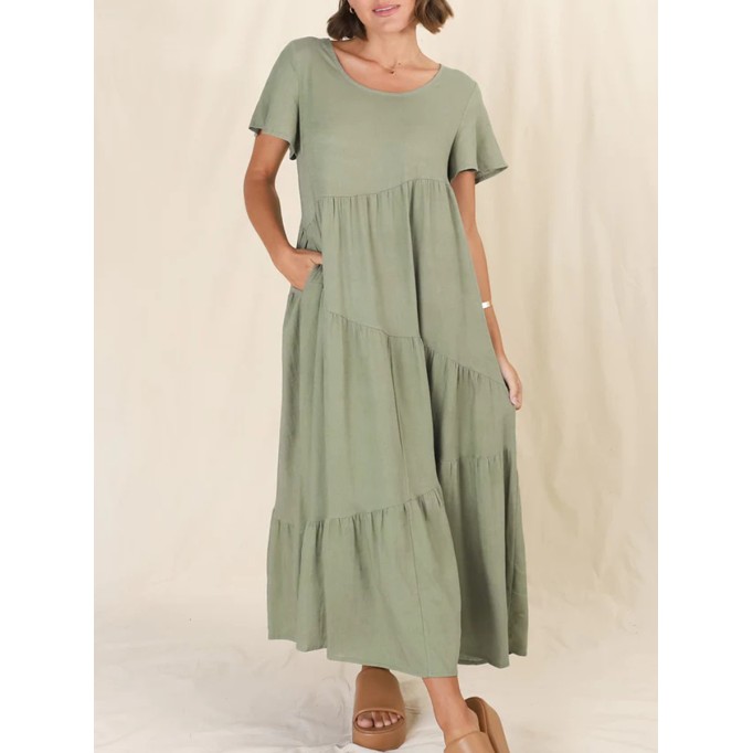 Round neck pullover cotton linen loose dress long skirt