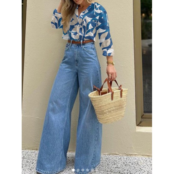 Simple and elegant printed loose shirt + denim trousers 2-piece set