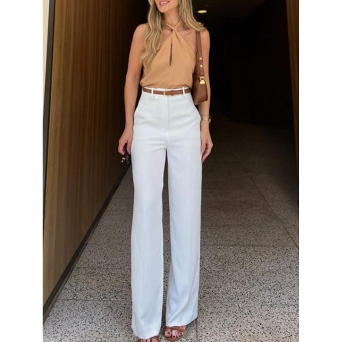 Simple cross halter + wide leg pants 2 piece set