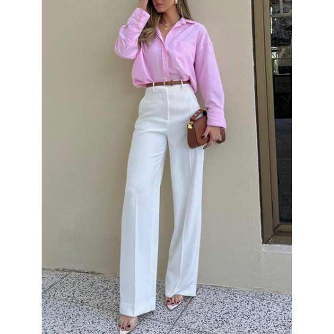 Simple elegant loose shirt + solid color pants 2-piece set