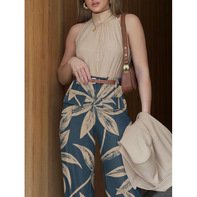 Simple women's printed halter top + patchwork wide-leg pant suit