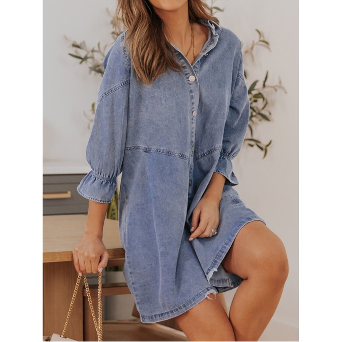 Sky Blue Buttoned Long Sleeve Denim Mini Dress