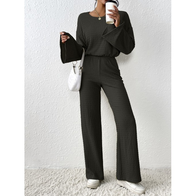 Solid color flare sleeve top wide leg pants set