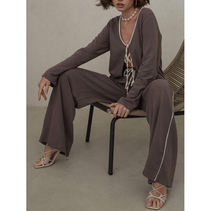 Solid color lace up cardigan wide leg pants two-piece set