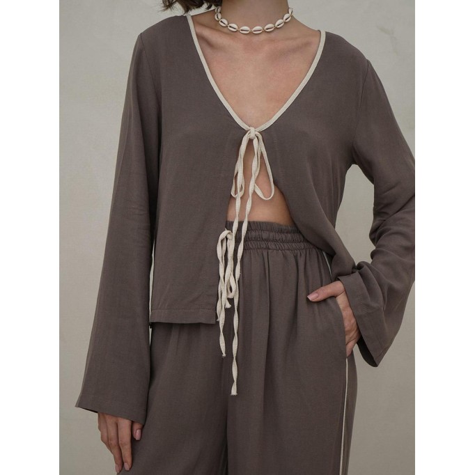 Solid color lace up cardigan wide leg pants two-piece set