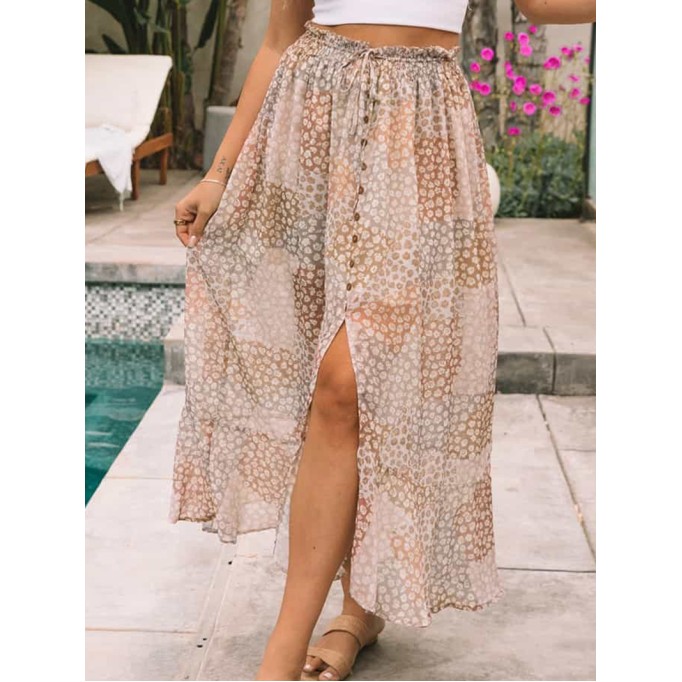 SPLIT BUTTONS DRAWSTRING SHIRRED FLORAL MAXI SKIRT