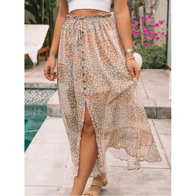 SPLIT BUTTONS DRAWSTRING SHIRRED FLORAL MAXI SKIRT