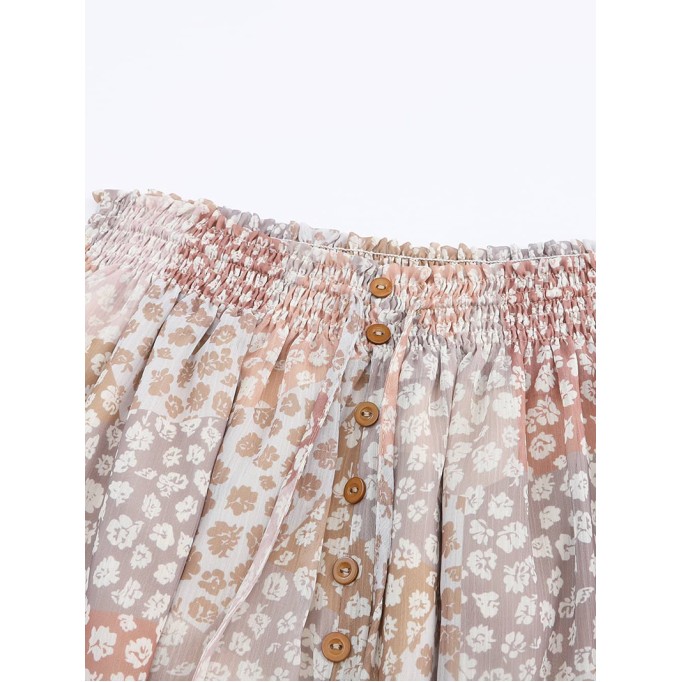 SPLIT BUTTONS DRAWSTRING SHIRRED FLORAL MAXI SKIRT