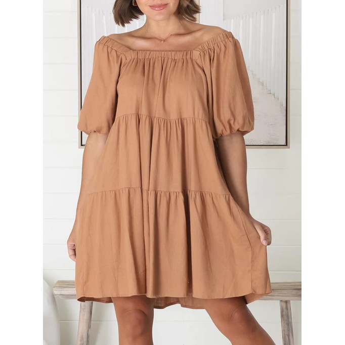 Square-neck puffy sleeves loose A-shape dress