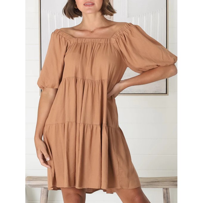 Square-neck puffy sleeves loose A-shape dress
