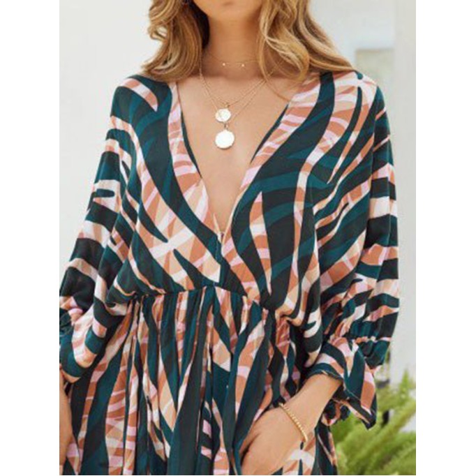 Stripe Print V-Neck Belted Long Sleeve Dress