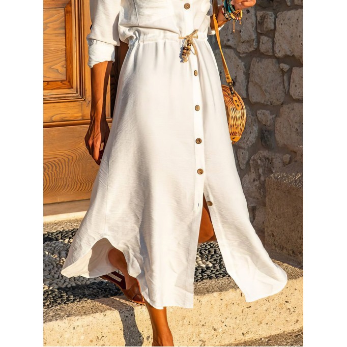 Tie Button Long Sleeve Shirt Dress