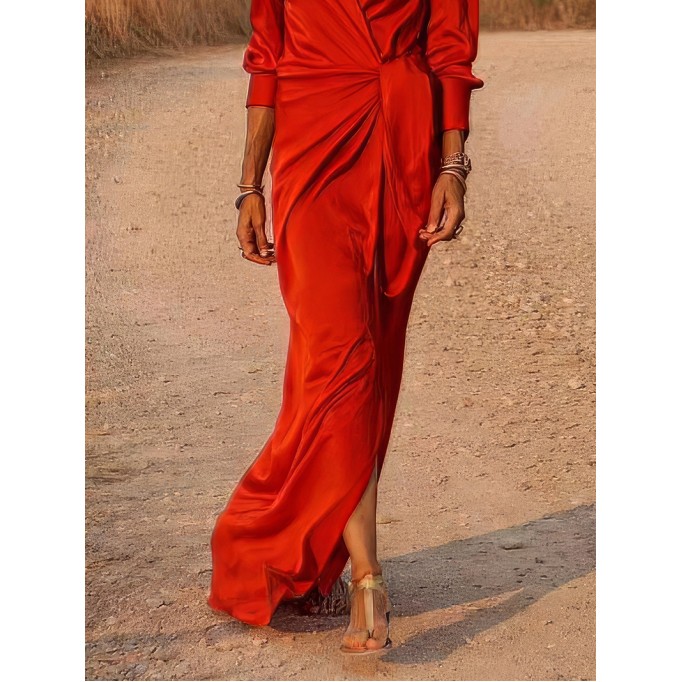 Tie High Waist Long Sleeve Slit Dress