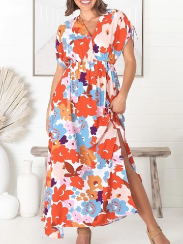 V-neck Cross Neckline Printed Dresses