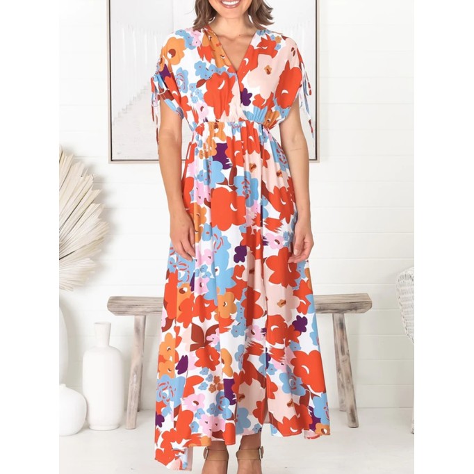 V-neck Cross Neckline Printed Dresses