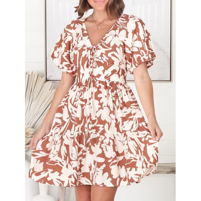 V-neck cross neckline printed waist mini dress