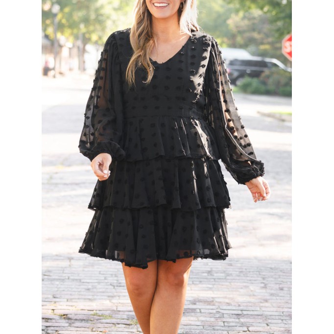 V-neck layered ruffled loose fitting dress