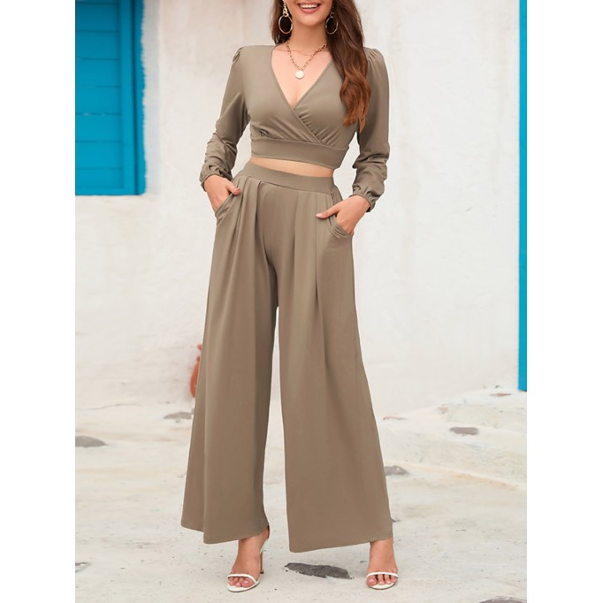 V-neck long sleeved short top wide leg pants set