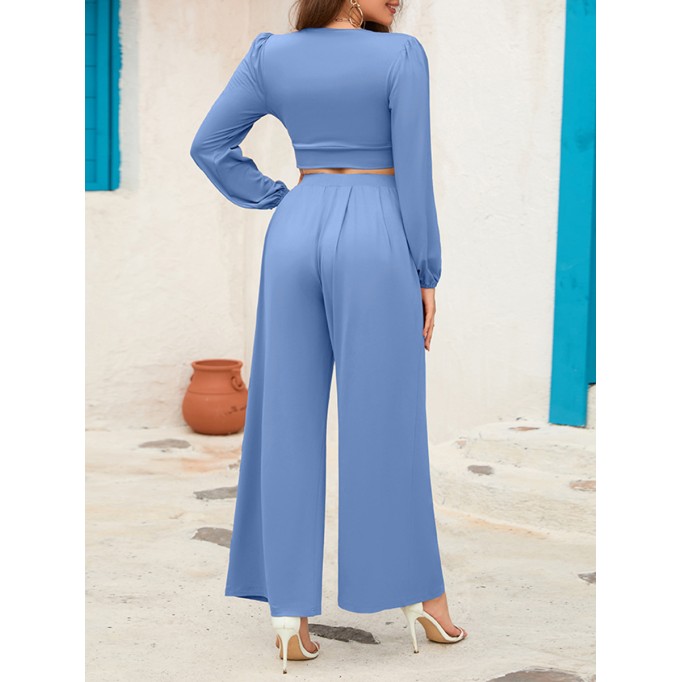 V-neck long sleeved short top wide leg pants set