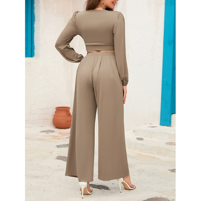 V-neck long sleeved short top wide leg pants set