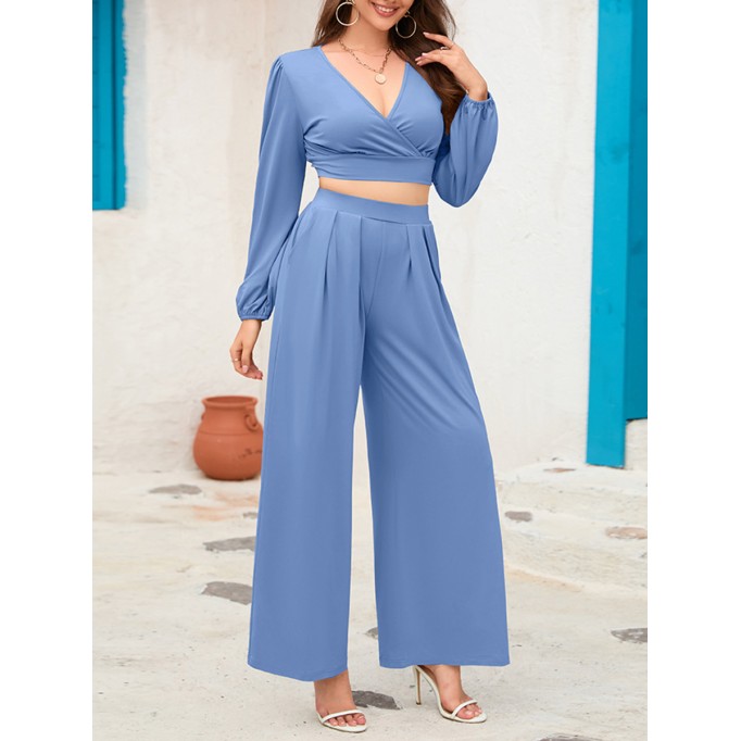 V-neck long sleeved short top wide leg pants set